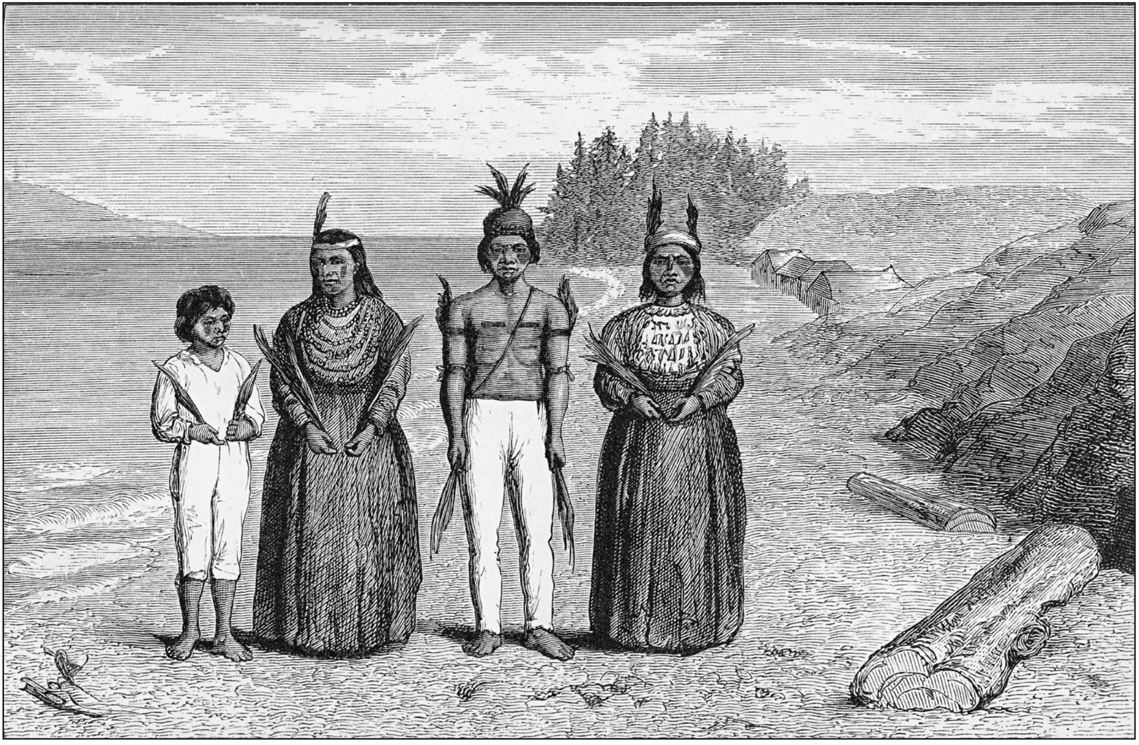 Historic photo of Kaseeah and family at Yaquina Bay, 1877